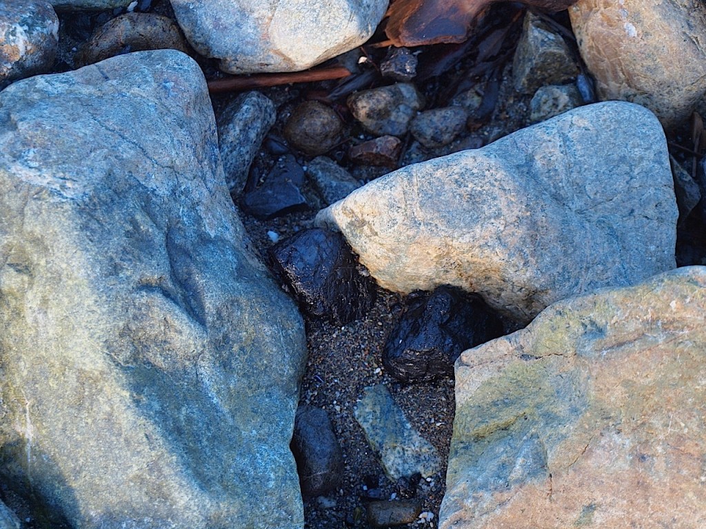 Large chunks of coal between the rocks