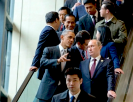 President Barack Obama catches a moment with President Vladimir Putin of the Russian Federation en route to the APEC International Convention Center in Beijing, China, November 11, 2014. Discussing climate change? (whitehouse.gov/Pete Souza)